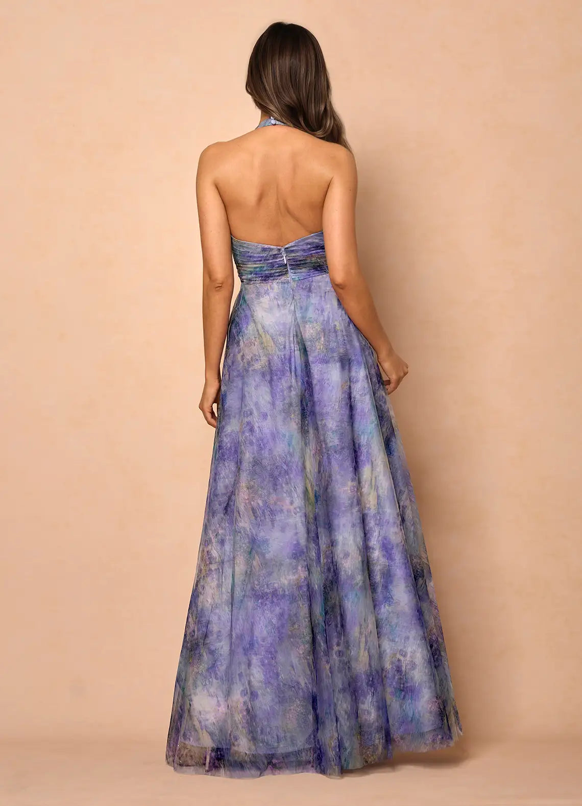 Robe Weitese lilas dos nu col en V élégante robe longue robe de bal sans manches dos nu imprimé fleuri robe de soirée trapèze